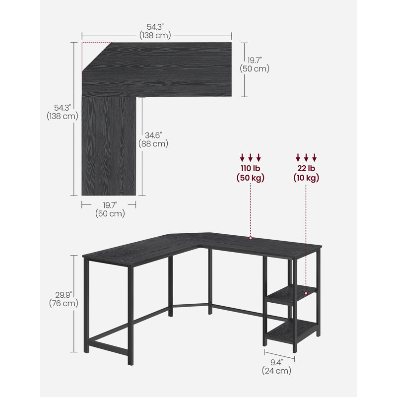 Devault L-Shaped Metal Base Writing Desk, Black