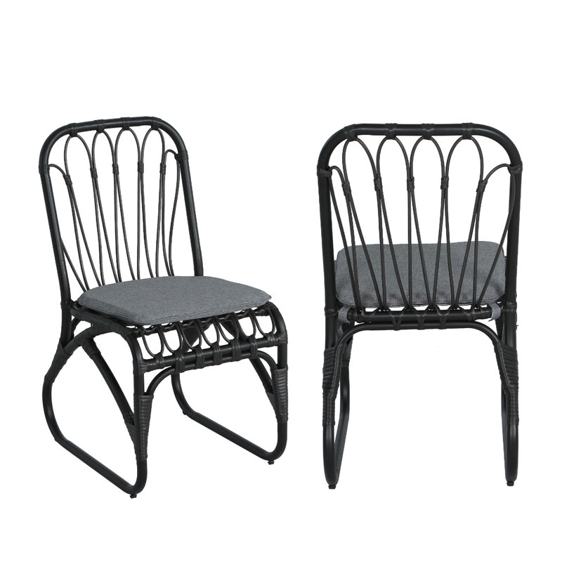 Ensemble de 2 chaises d'extérieur en osier avec coussins lavables PE, Noir/gris