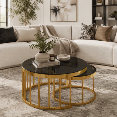 Round Nesting Coffee Table Set of 2 with Gold Metal Frame and Black Glass Tops
