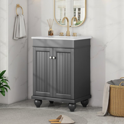 Lavabo de salle de bain élégant en céramique avec cadre en bois massif, tablette réglable