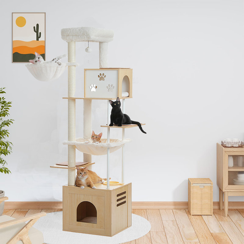 Grand arbre à chat en bois avec hamac surdimensionné 74,8 po Gawen, Beige