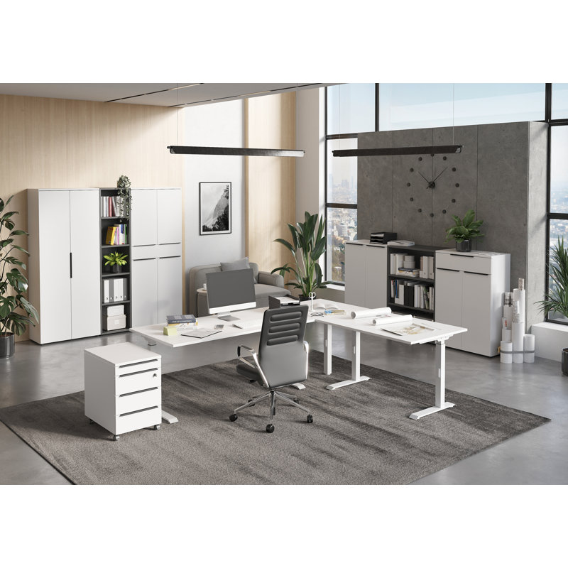 Mastandrea Adjustable L-Shaped Metal Base Standing Desk, 91cm H x 240cm W x 200cm D, White