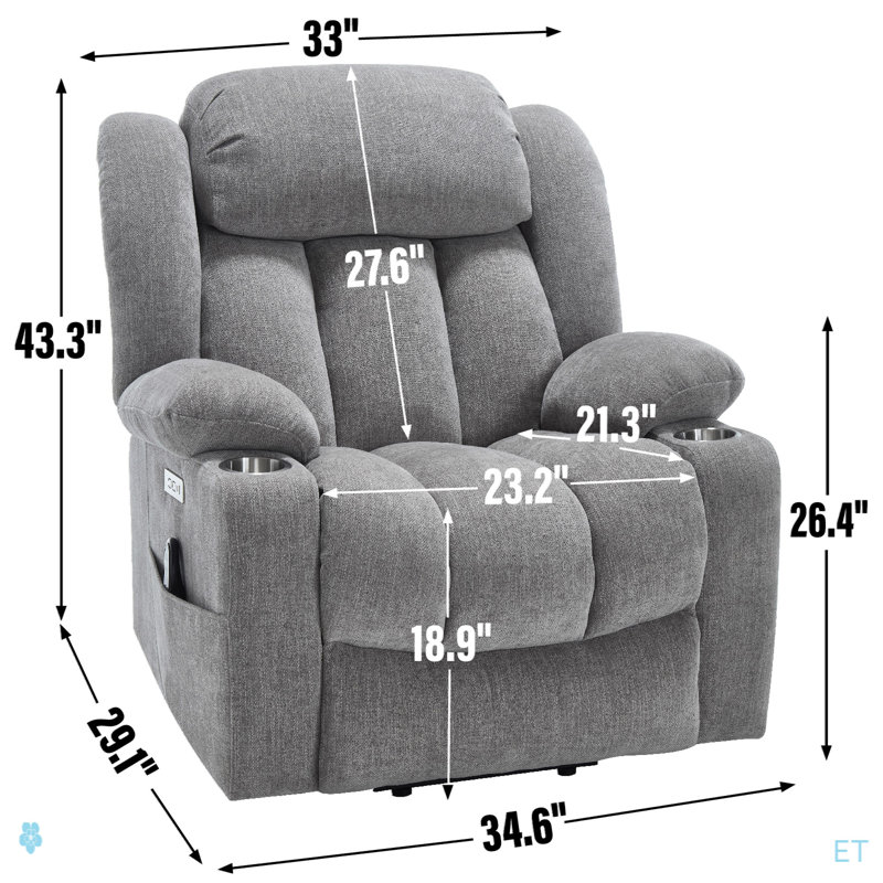 Up To 350 LBS Chenille Power Lift Recliner Chair, Heavy Duty Motion Mechanism With 8-Point Vibration Massage And Lumbar Heating, USB And Type-C Ports, Stainless Steel Cup Holders