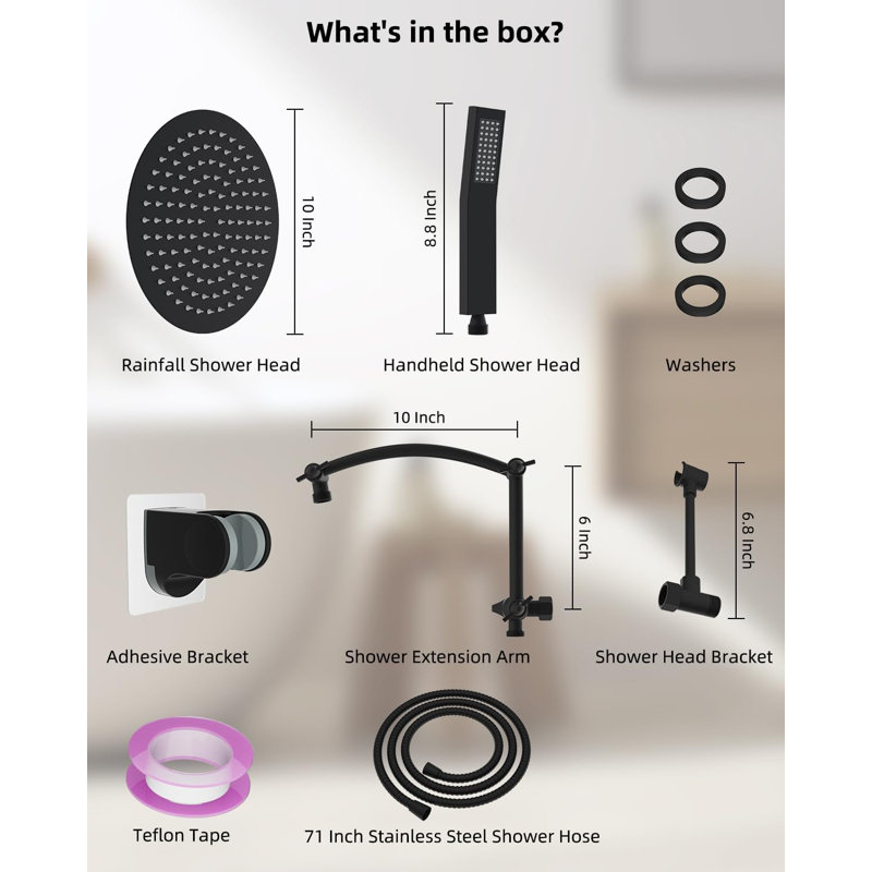 Matte Black 10" Rainfall Shower Head Combo with Handheld