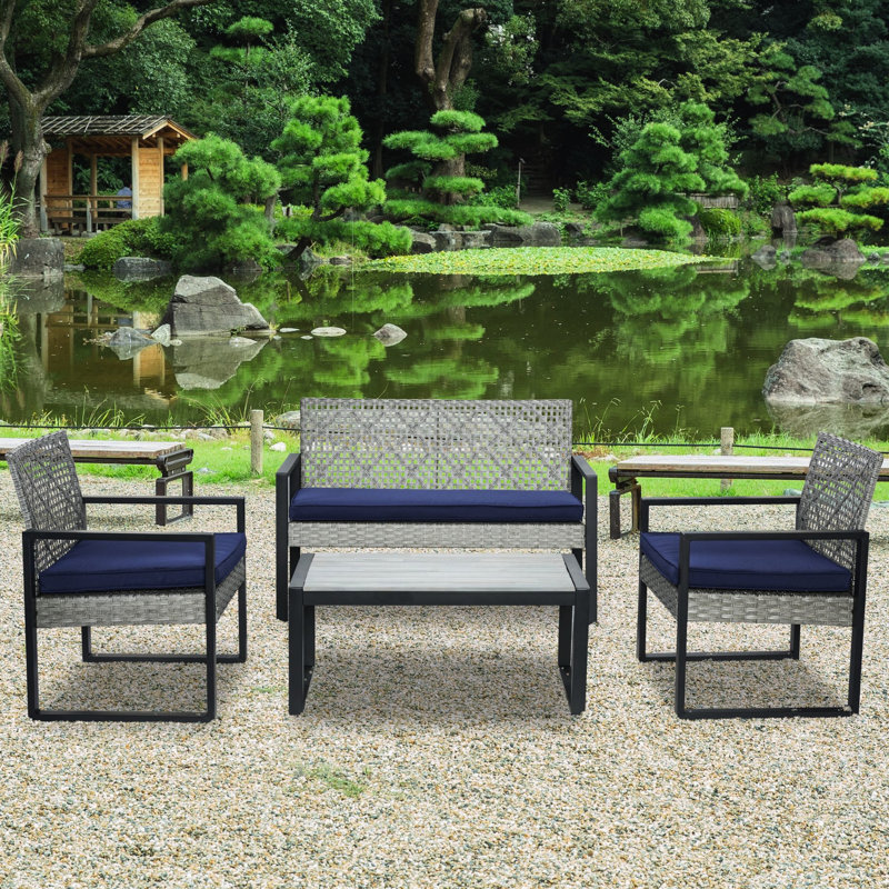 Outdoor 4 - Piece Furniture Featuring Gray , Blue Cushions And Wood Table, American Design, For Lawn Garden Patio With Sectional Balcony Porch