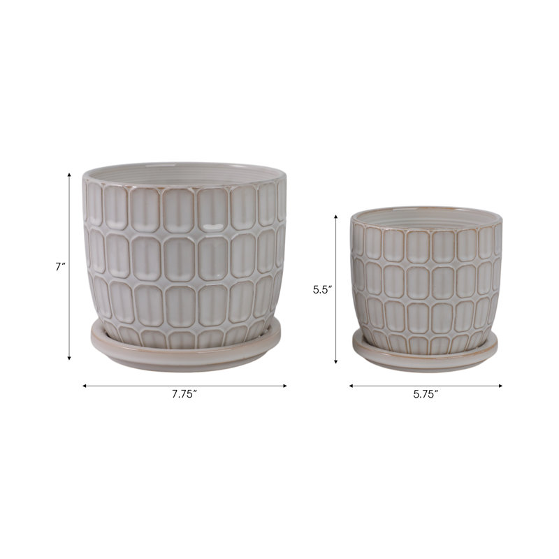 Stoneware And Ceramic Saucer Planters With Embossed Geometric Texture, Modern Decorative Design, Stylish Round Form, Versatile Display Accent, Set Of 2