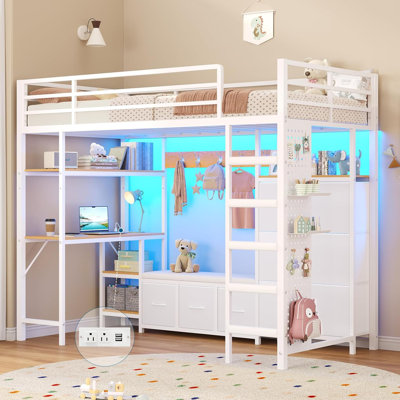 Lit mezzanine simple avec 6 tiroirs de rangement, portemanteau et tablettes ouvertes, lit mezzanine simple avec bureau, station de charge et lumières à DEL, lits mezzanine en métal avec grand panneau perforé, barrière de sécurité et échelle, blanc