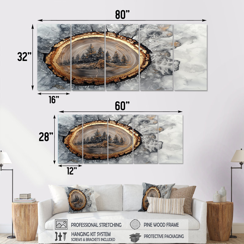 Anamaria - Art mural forêt - art mural traditionnel pour le salon, 5 pièces, H 32 po x l 80 po