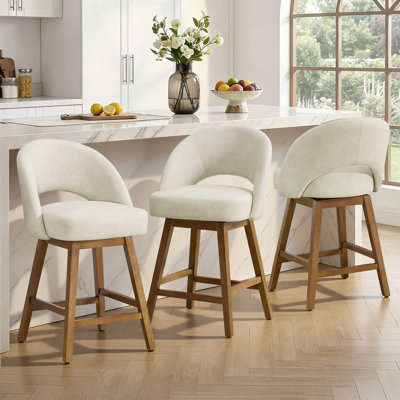 26.4" Swivel Counter Bar Stool With Pocket Spring Cushion & Solid Wood Legs, Upholstered Armless Barstools (Set of 3)