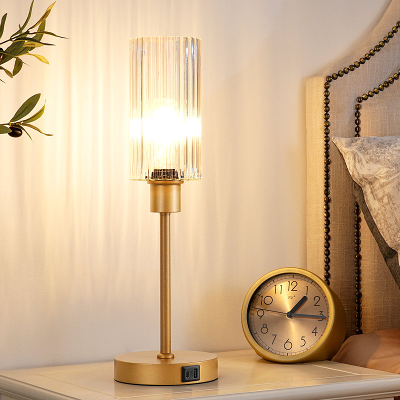 Dimmable Glass Table Lamp with Touch Control and USB Ports, Gold