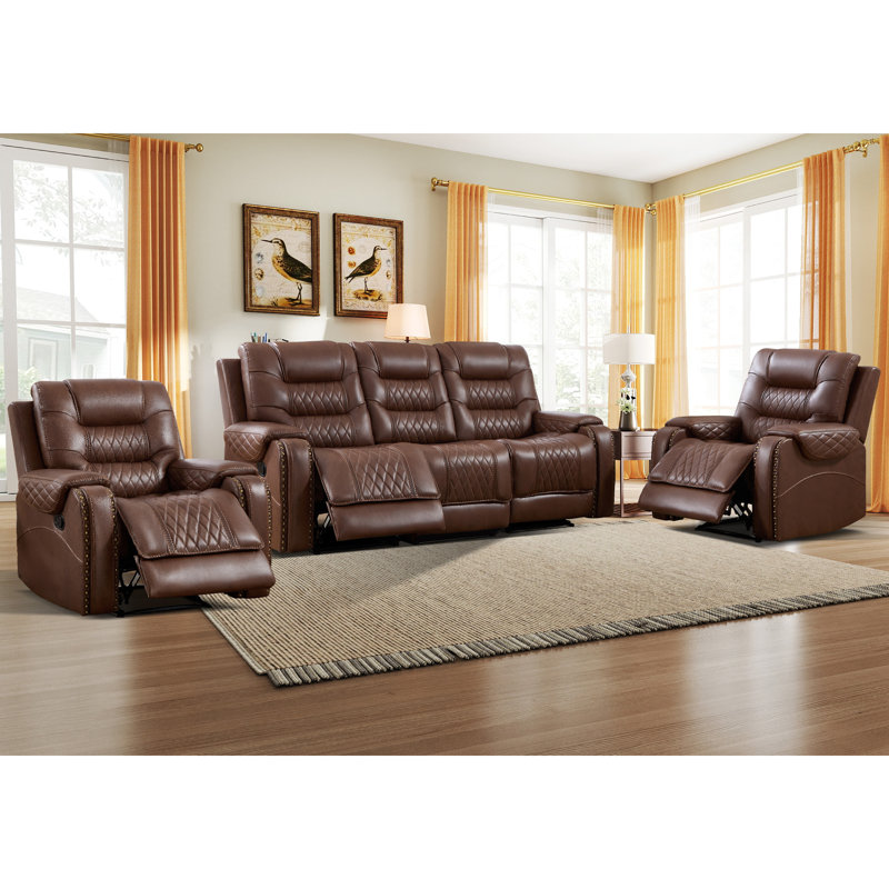 Ensemble de salon inclinable manuel en similicuir 3 pièces avec console cachée, Marron clair
