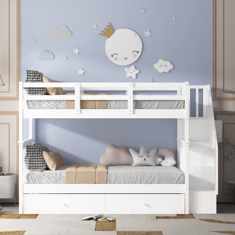 Fazer Twin Over Twin Bunk Bed with Built-In Stairs , Trundle Bed Included, White