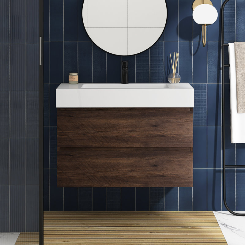 36'' Single Bathroom Vanity with Solid Surface Top, White, Walnut