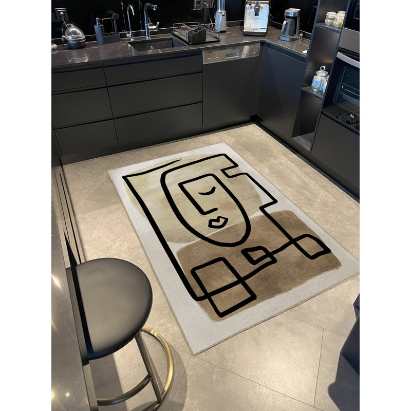 Tapis décoratif moderne beige à motif de portrait noir et surréaliste, Rectangle 5 pi 1,02 po x 7 pi 6,55 po