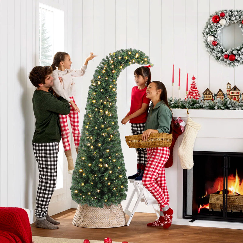 Arbre de Noël courbé 6 pi avec arbre de Noël fantaisiste et support en métal, H 6 pi