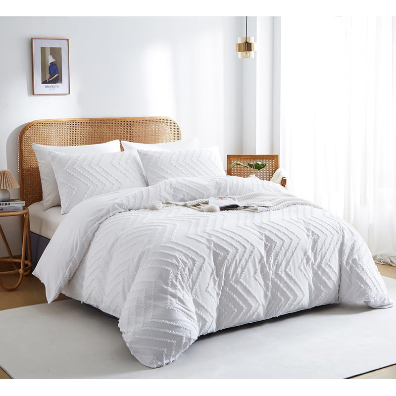 Embroidery Shabby Chic Duvet Cover Set Wave Pattern Microfiber Boho Comforter Cover Set, White