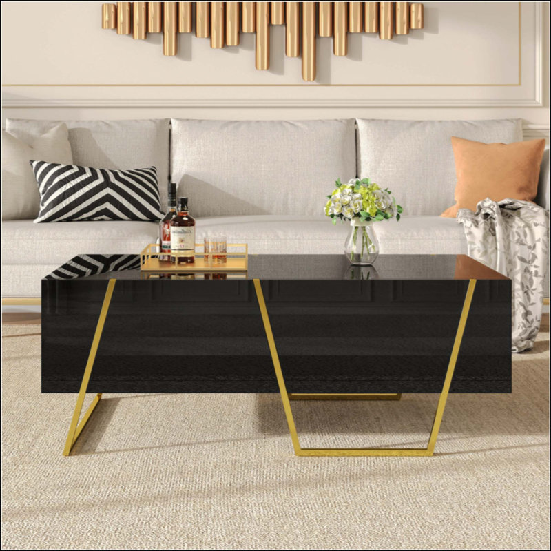 Table basse rectangulaire moderne ultrabrillante pour le salon avec rangement et base, 4 tiroirs