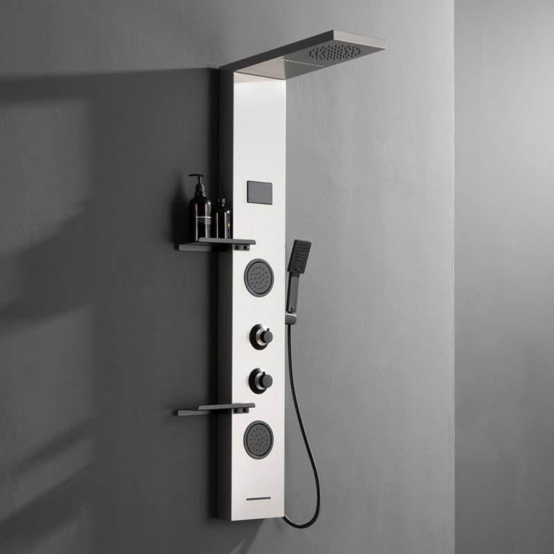 Dual 4-In-1 2-Jet Rainfall Shower Panel System With Rainfall Shower Head,Shelf,Stub Spout And LED Light, Nickel
