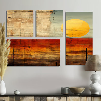 Nostalgie au coucher du soleil, pleine lune levante - art mural sur toile géométrique abstrait 4 pièces