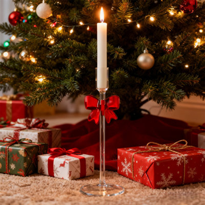Bougeoir de Noël effilé en verre transparent avec nœud Bougie de Noël effilé en verre transparent avec nœud