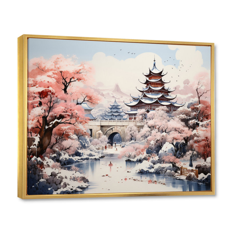 «China Art Silk Road V» - art mural Chine, Cadre flottant doré, H 34 po x l 44 po x P 1,5 po