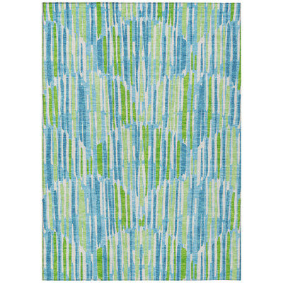 3' X 5' Aqua Teal Blue And Lime Green Abstract Washable Indoor Outdoor Area Rug