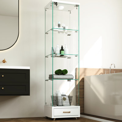Elegant Small Space - Tempered Glass Bookshelf With Drawer And 13 Colour Led Lighting, 4 Shelves For Office, 14.4" W 16.7" D 65.8" H Quick Assembly Display Cabinet Lights, 1 Door Bedroom,