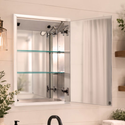 Whitehaus 27.5" H x 5-1/2" W Anodized aluminum recessed single mirrored door medicine cabinet with outlet, defogger, LED power button and dimmer for light