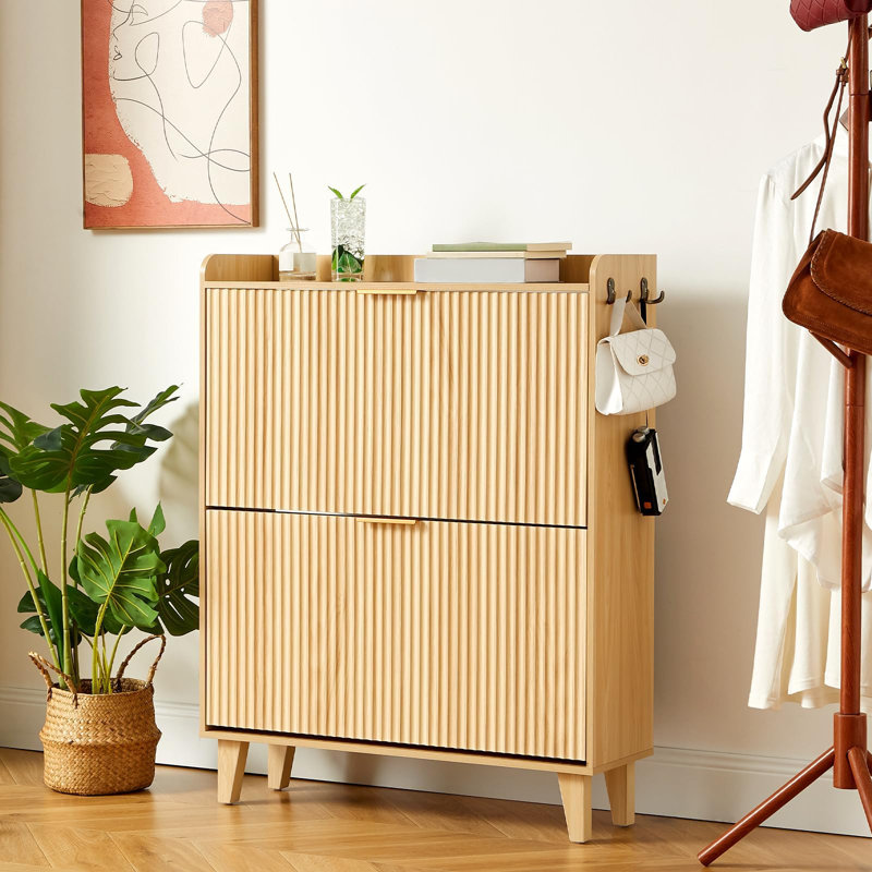 16 Pair Shoe Storage Cabinet, Natural Wood