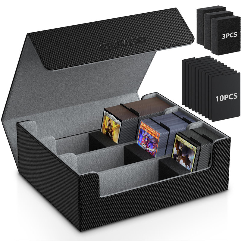 Trading Card Storage Box For 1800+, Leather Storage Box With Strong Closure, Card Box With 10 Dividers And 3 Foam Stoppers, Commander Deck Box Fit Yugioh, Mtg And Sport Cards, Black & Grey