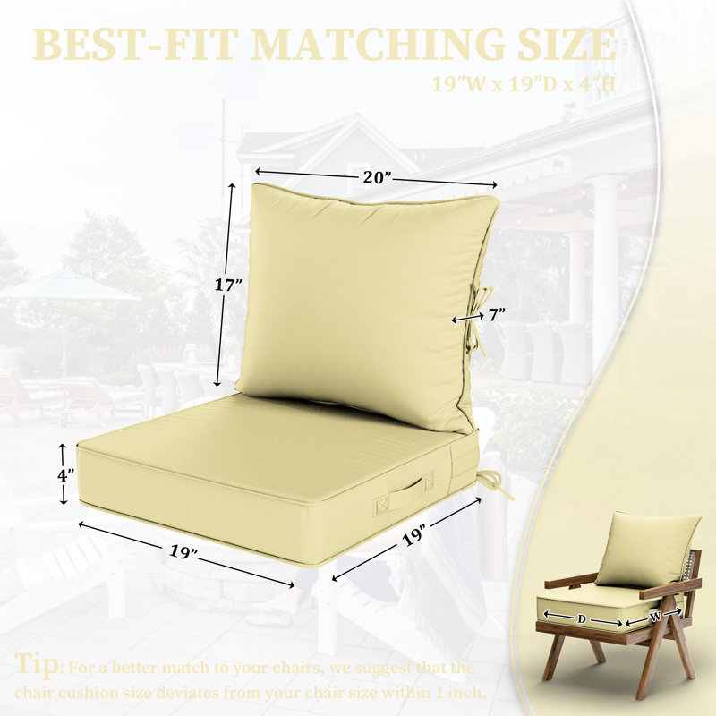 Outdoor Deep Seating Cushion Set Indoor And Outdoor Seat / Back Cushion, 19" W x 19" D, Light Yellow