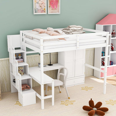 Lit mezzanine double en bois avec bureau intégré, rangement et station de charge USB