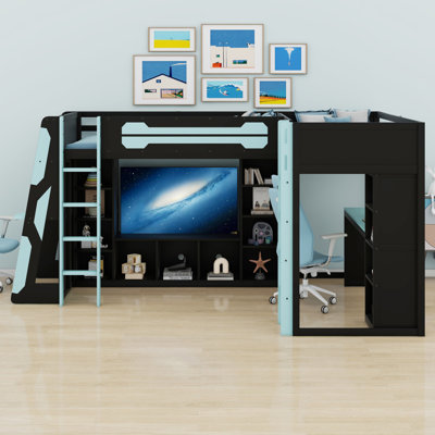 L-Shaped Wooden Gaming Bed Frame With RGB LED Lights, Dual Beds, USB Ports, TV Stand & Storage Shelves, Reversible Layout, Space-Saving Wood Loft Bed