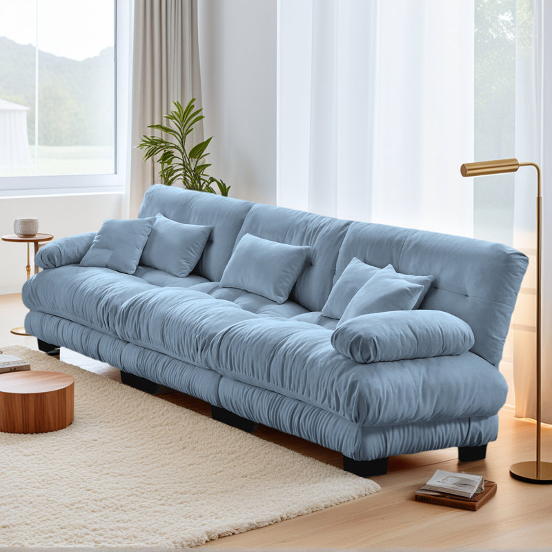 Canapé bleu modulaire 3 places avec 3 coussins lombaires et 2 coussins décoratifs en chenille bleue