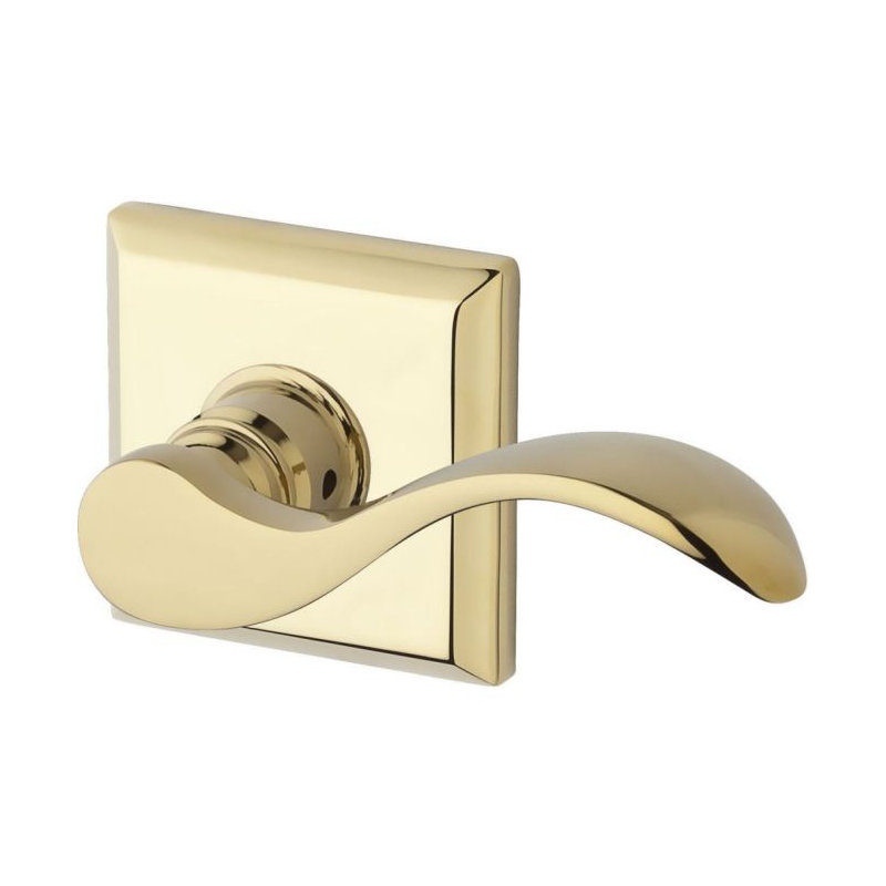 Curve Privacy Door Lever with Traditional Square Rose, Polished Brass