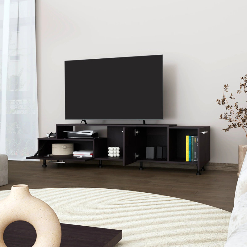 Meuble audio-vidéo avec rangement ouvert et 2 armoires latérales
