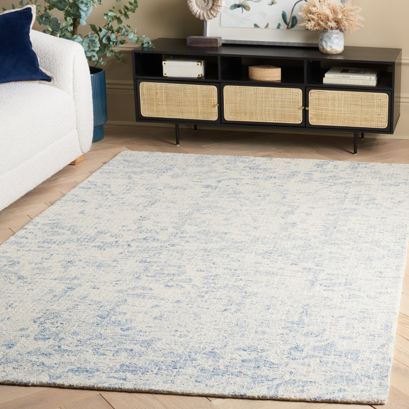 Ebony Hand Tufted Wool/Cotton Abstract Rug in Ivory/Blue, Rectangle 5' x 8'