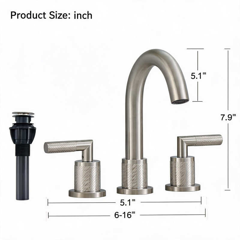 Robinet de lavabo de salle de bain 8 pouces en acier inoxydable nickel brossé avec 2 poignées et bec pivotant à 360 degrés
