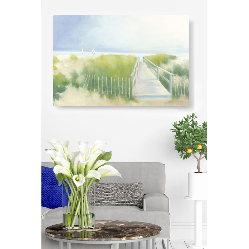Beach Walk Path, Beach Grass, Sailboat, Boat, Coastal, Green, Grey, Blue, Tan, Sand, Soft, 16" H x 24" W x 1.5" D