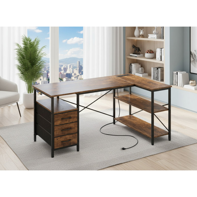 L-Shaped Office Desk With Power Outlet, 47-Inch Computer Desk With 3 Drawers And Shelves, Suitable For Gaming, Corner Work, Home Office, Study, Retro Brown.