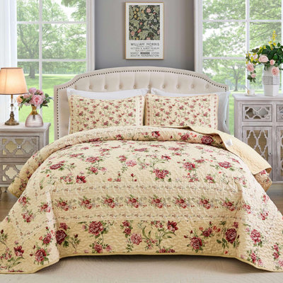 Ensemble de courtepointe 3 pièces à motif floral rose antique avec couvre-lit en microfibre douce et légère avec taies d'oreiller pour toutes les saisons