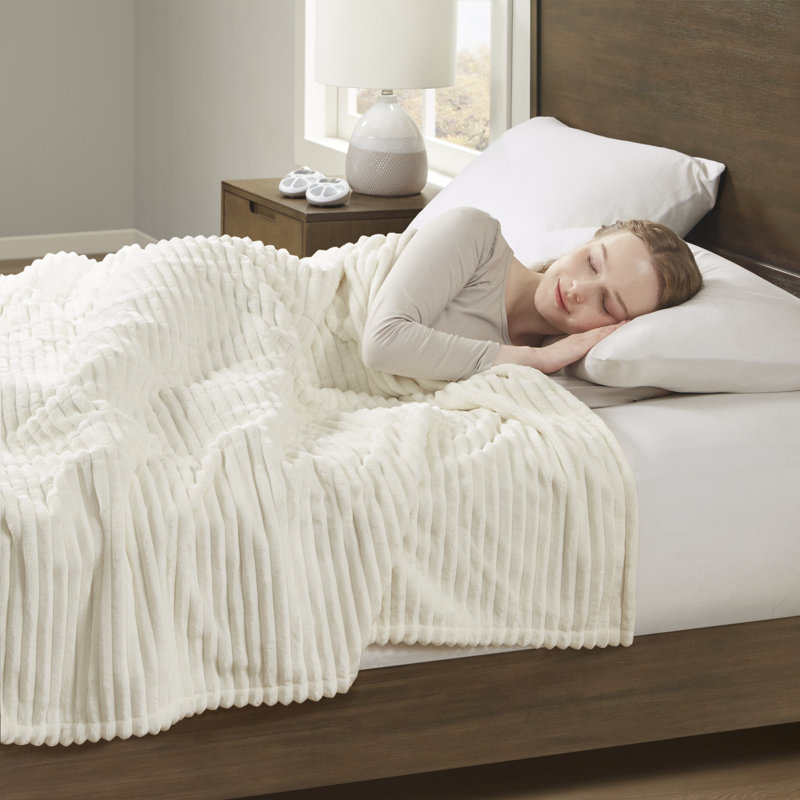 Couverture chauffante cordée en peluche, Ivoire, Double