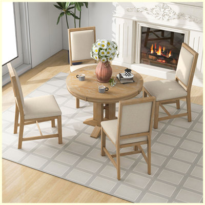 5-Piece Dining Set Extendable Round Table and 4 Upholstered Chairs