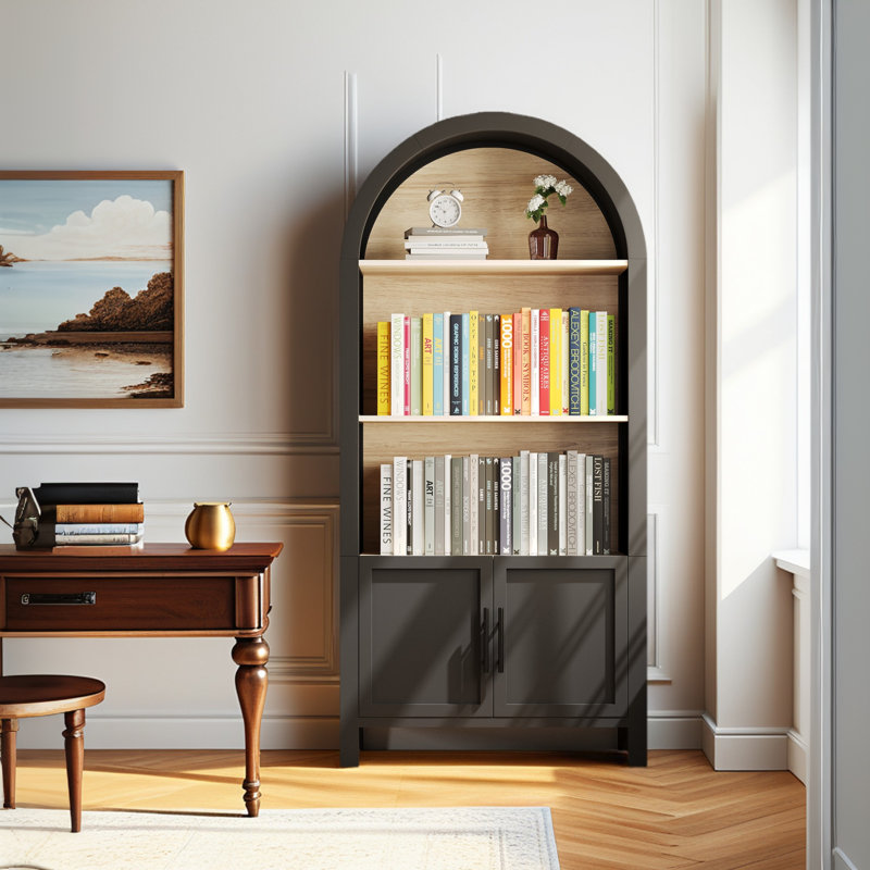 Bibliothèque arquée de style moderne Mid-Century à 3 niveaux avec porte, bibliothèque arquée avec tablette de rangement ouverte
