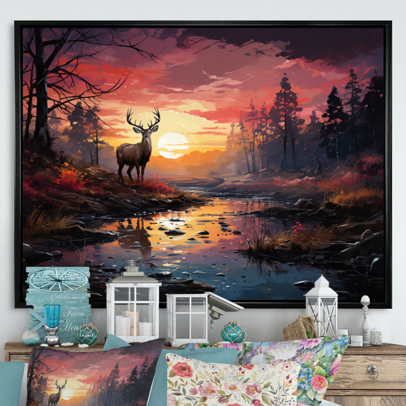 «Deer Enchanted Twilight II», reproduction sur toile, H 34 po x l 44 po x P 1,5 po, Cadre flottant noir