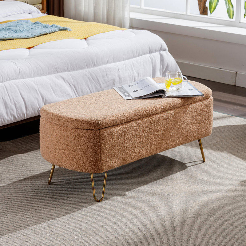 Camel Faux Fur Upholstered Storage Bench With Gold Legs For Bedroom Furniture Modern And Living Area, Camel