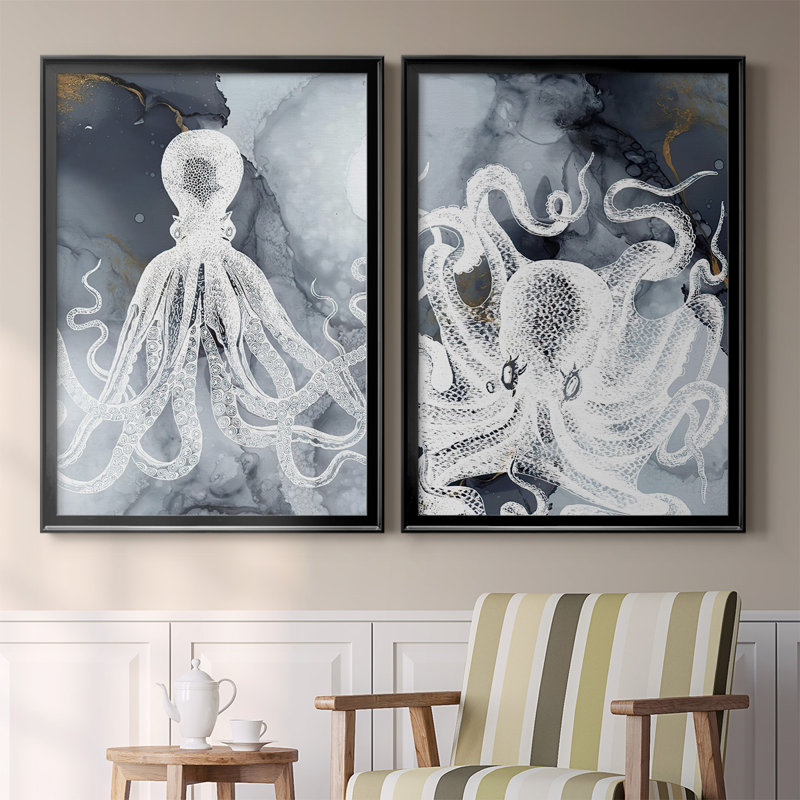 Octopus Ink I - ensemble de 2 reproductions d'art sur toile encadrées, Noir, H 24,5 po x l 37 po x P 1,25 po