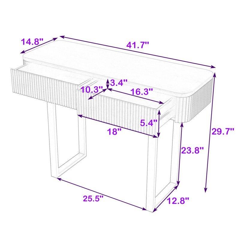 Minimalist Wooden Fluted Design Console Table with Two-Drawer, Metal Legs and Adjustable Feet, Honey