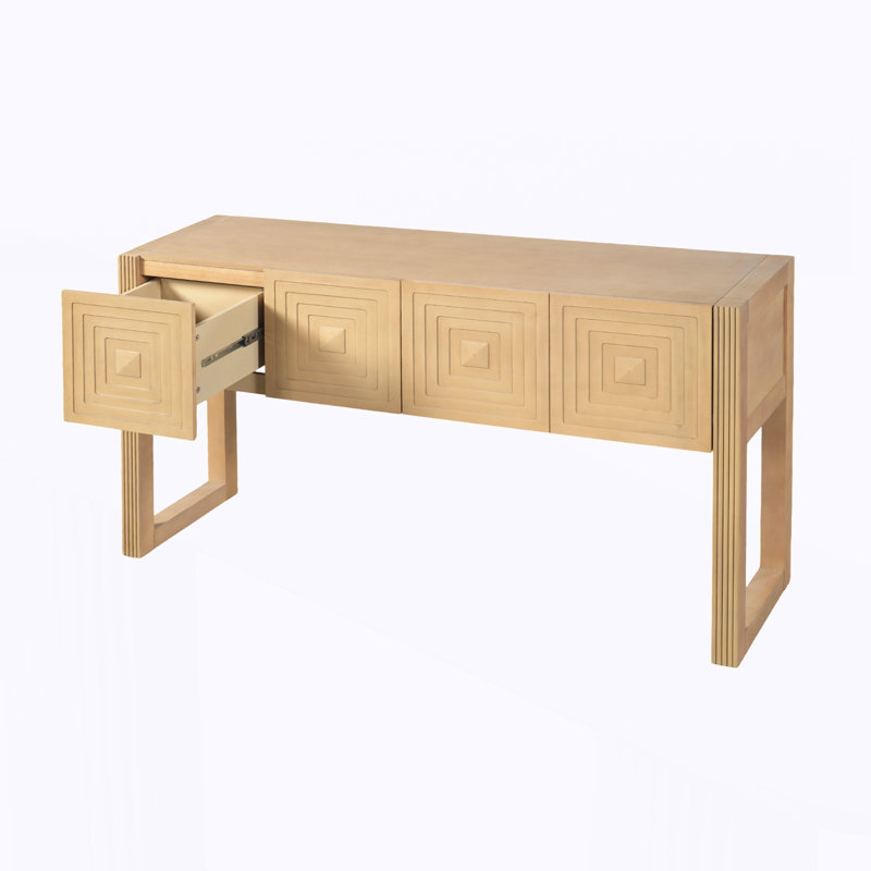 Console géométrique sculptée avec 3 tiroirs à fermeture en douceur, pieds cannelés, Light Brown, Marron clair, Light Brown