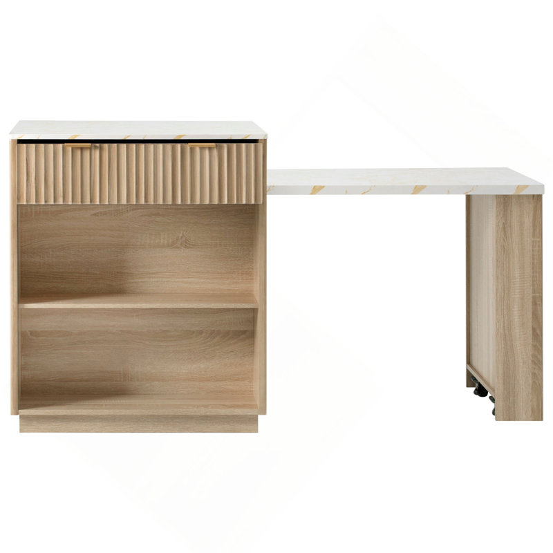 82.6" Fluted Kitchen Island with Extendable Dining Table for 4-6, Island Table for Kitchen with Power Outlet, Kitchen Table with Double-Side Storage, 2 Drawers 2 Side Open Shelves